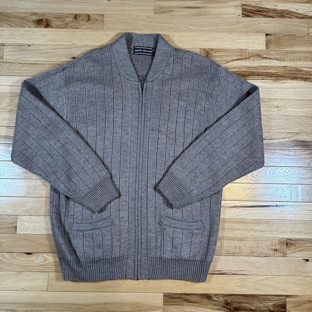 Vintage David Taylor Full Zip Cardigan 90s Beige Knit Grandpa Sweater - Size L